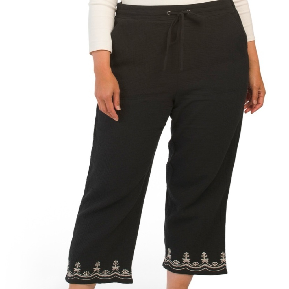 NWT Cynthia Rowley Plus‎ Drawstring Waist Crinkled Gauze Embroidered Pants sz 1X